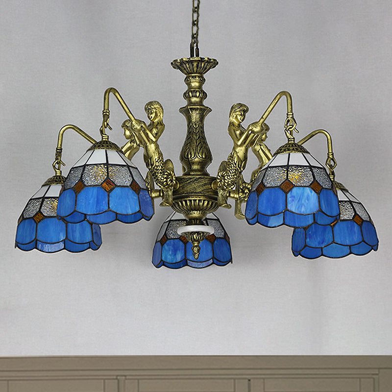 Blue Stained Glass Chandelier Lighting Fixture Grid Patterned 5/9/11 Lights Baroque Suspension Lamp