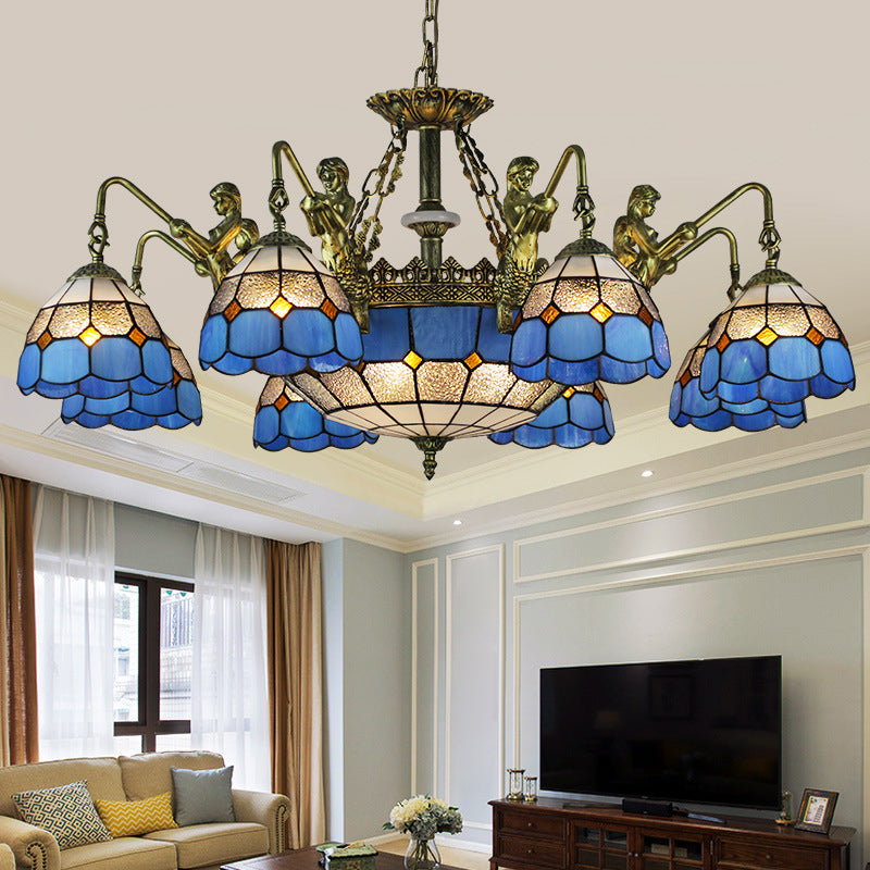 Blue Stained Glass Chandelier Lighting Fixture Grid Patterned 5/9/11 Lights Baroque Suspension Lamp