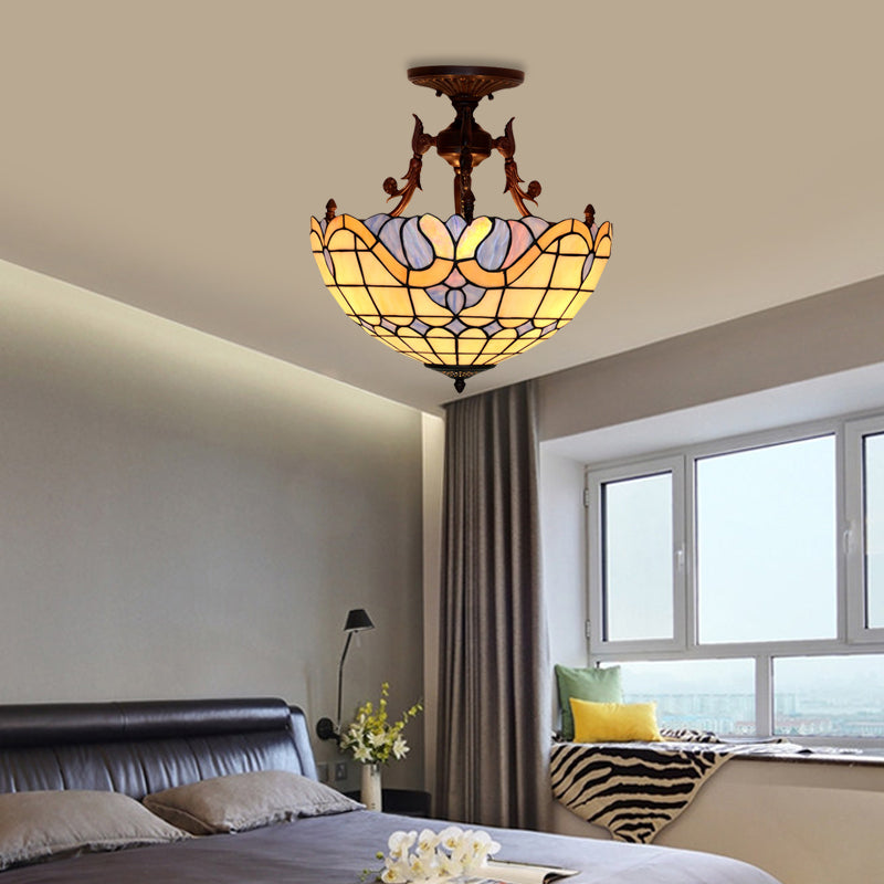 Dome Semi Mount Verlichting Tiffany Beige/Licht Blauw Glas 3 Lampen Brons Plafond Licht Profiel voor Living Room