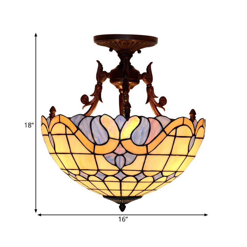 Dome Semi Mount Lighting Tiffany Beige/Light Blue Glass 3 Lights Bronze Ceiling Light Fixture for Living Room