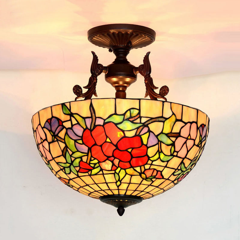 Stained Glass Semi Flush Mount Light Mediterranean 3 Lights Red/Blue Ceiling Lighting for Living Room