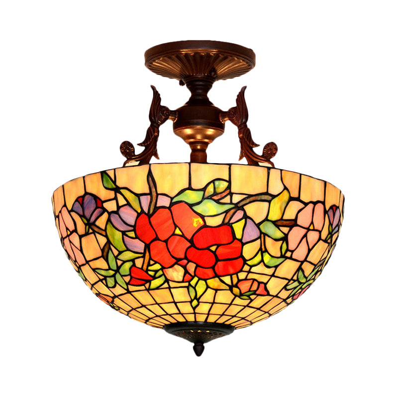 Stained Glass Semi Flush Mount Light Mediterranean 3 Lights Red/Blue Ceiling Lighting for Living Room