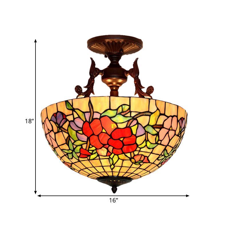 Stained Glass Semi Flush Mount Light Mediterranean 3 Lights Red/Blue Ceiling Lighting for Living Room