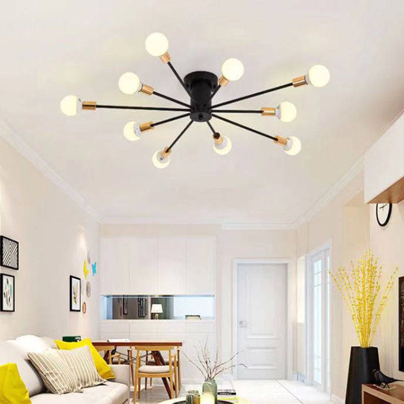 10-Light Radial Ceiling Fixture in Industrial Style Wrought Iron Semi Flush Mount for Living Room