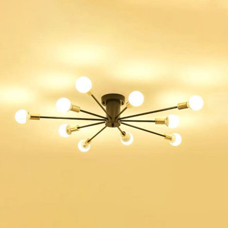 10-Light Radial Ceiling Fixture in Industrial Style Wrought Iron Semi Flush Mount for Living Room