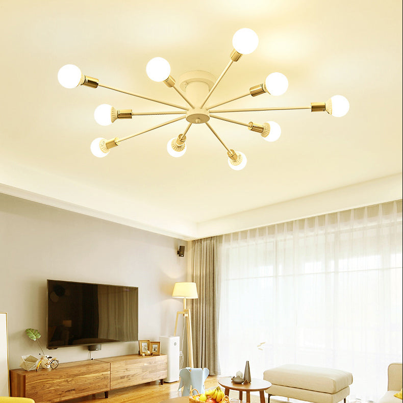 10-Light Radial Ceiling Fixture in Industrial Style Wrought Iron Semi Flush Mount for Living Room