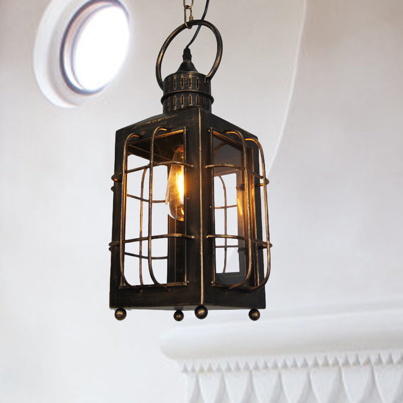 Brass Rectangle Pendant Light Warehouse Style 1 Light Clear Glass and Iron Hanging Ceiling Light with Wire Frame