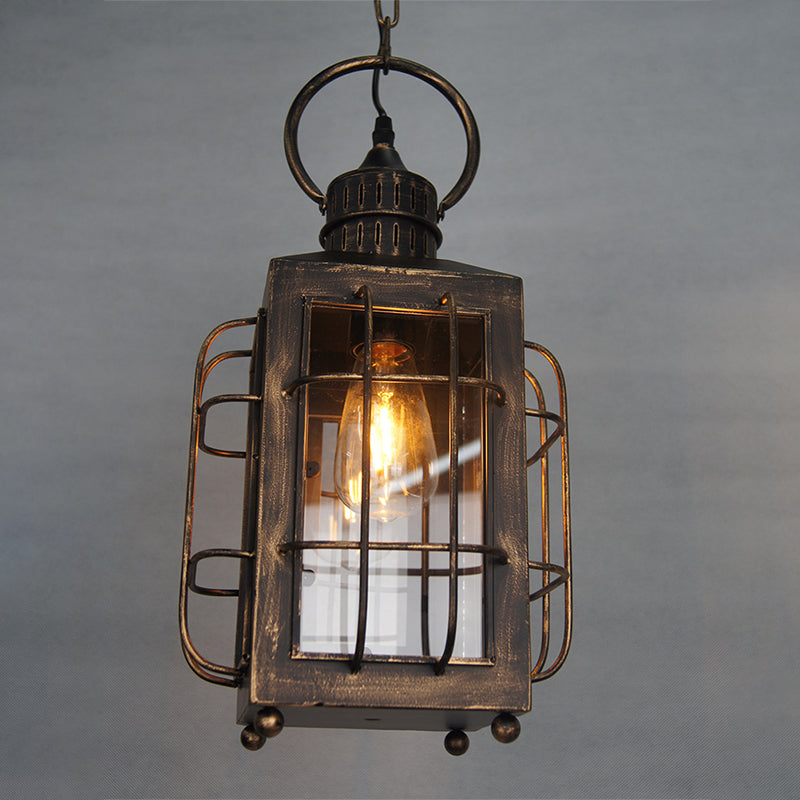 Brass Rectangle Pendant Light Warehouse Style 1 Light Clear Glass and Iron Hanging Ceiling Light with Wire Frame