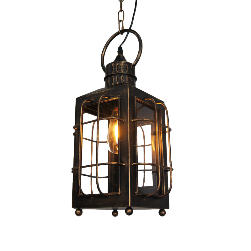 Brass Rectangle Pendant Light Warehouse Style 1 Light Clear Glass and Iron Hanging Ceiling Light with Wire Frame