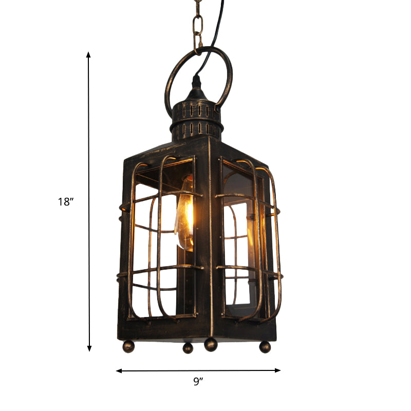 Brass Rectangle Pendant Light Warehouse Style 1 Light Clear Glass and Iron Hanging Ceiling Light with Wire Frame