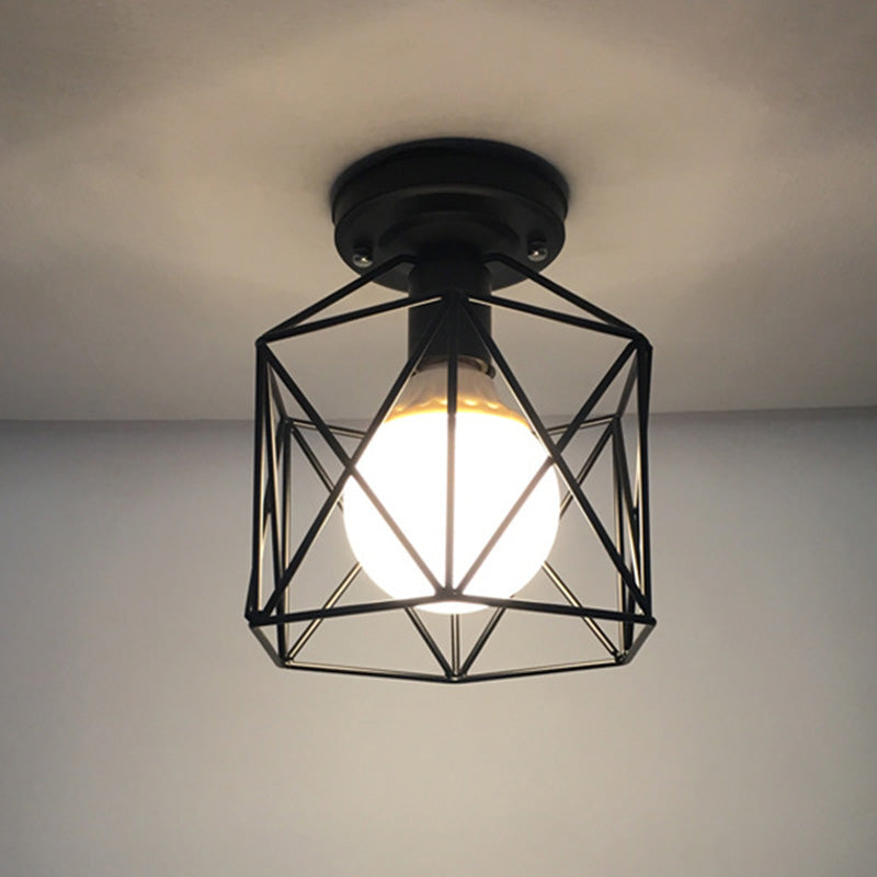 Black Iron Cage Mini Ceiling Light Industrial Style Single Bulb Flushmount Lamp for Bedroom