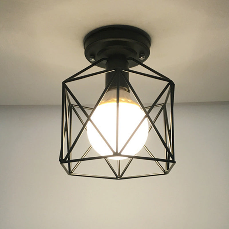 Black Iron Cage Mini Ceiling Light Industrial Style Single Bulb Flushmount Lamp for Bedroom