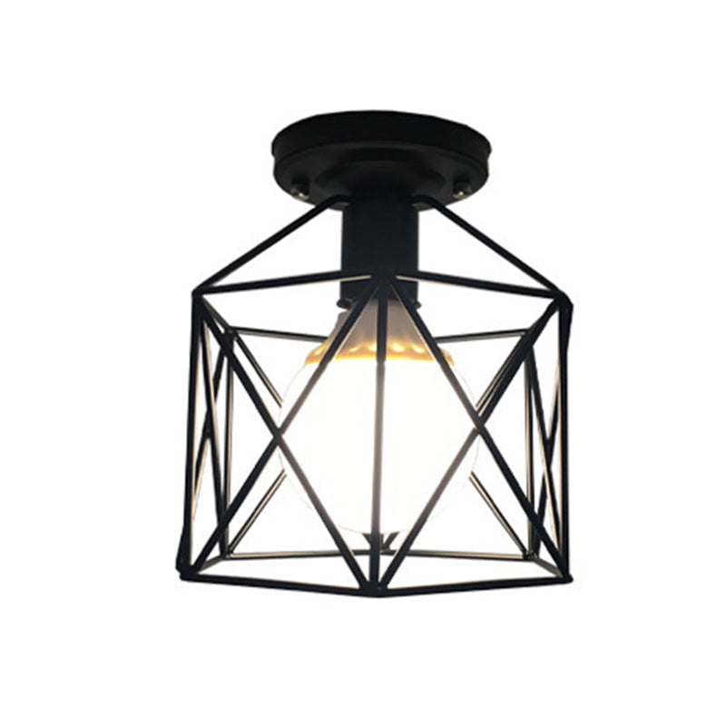 Black Iron Cage Mini Ceiling Light Industrial Style Single Bulb Flushmount Lamp for Bedroom