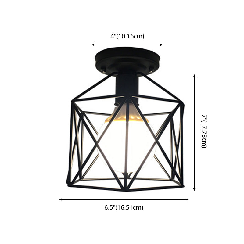 Black Iron Cage Mini Ceiling Light Industrial Style Single Bulb Flushmount Lamp for Bedroom