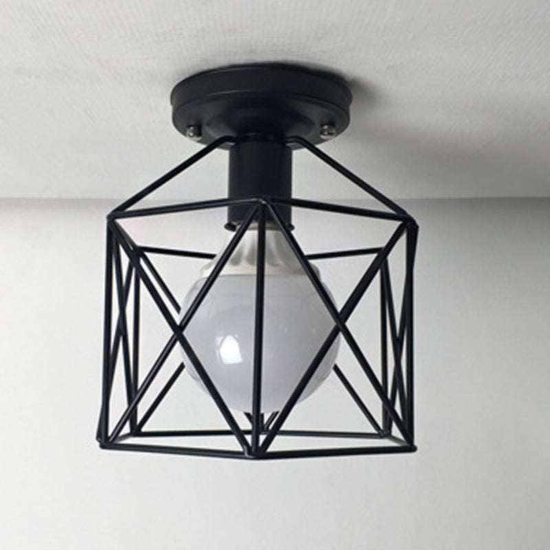 Black Iron Cage Mini Ceiling Light Industrial Style Single Bulb Flushmount Lamp for Bedroom