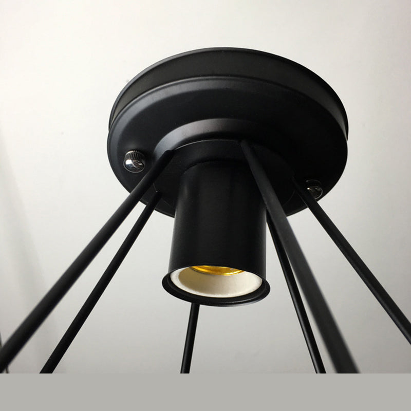 Black Iron Cage Mini Ceiling Light Industrial Style Single Bulb Flushmount Lamp for Bedroom