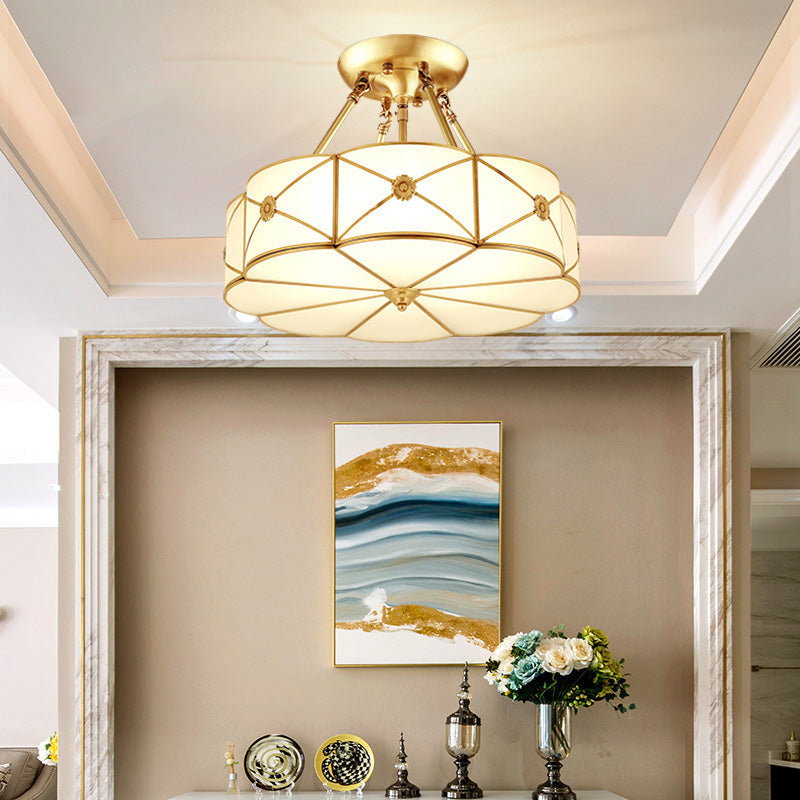 Gold Shaded Semi-Flush Ceiling Light Traditional Glass Living Room Semi Flush Mount Lighting