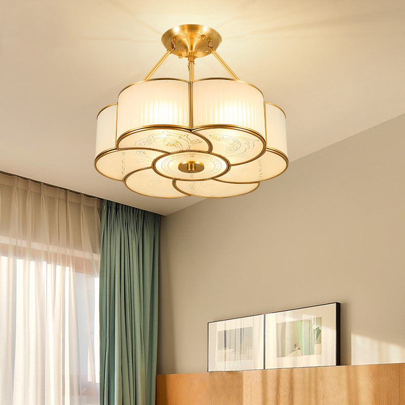 Gold Shaded Semi-Flush Ceiling Light Traditional Glass Living Room Semi Flush Mount Lighting