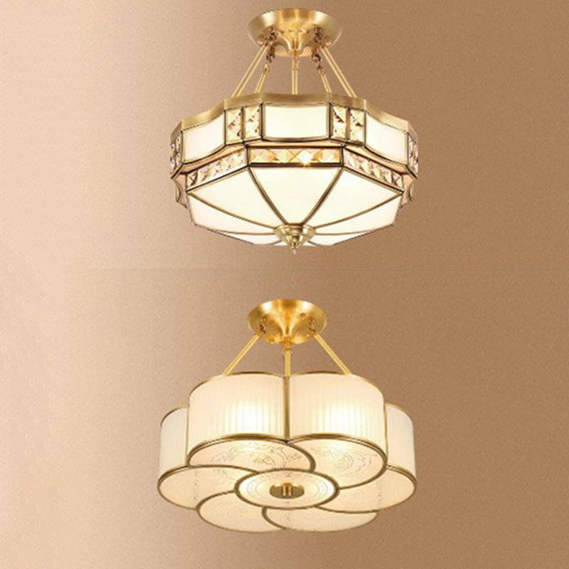 Gold Shaded Semi-Flush Ceiling Light Traditional Glass Living Room Semi Flush Mount Lighting