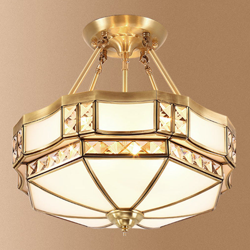 Gold Shaded Semi-Flush Ceiling Light Traditional Glass Living Room Semi Flush Mount Lighting