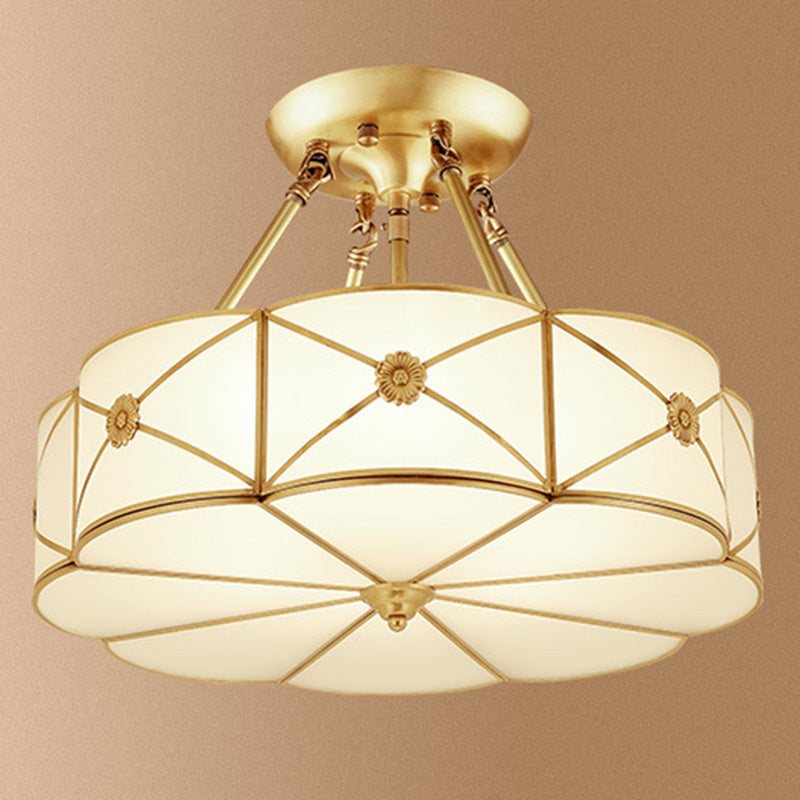 Gold Shaded Semi-Flush Ceiling Light Traditional Glass Living Room Semi Flush Mount Lighting