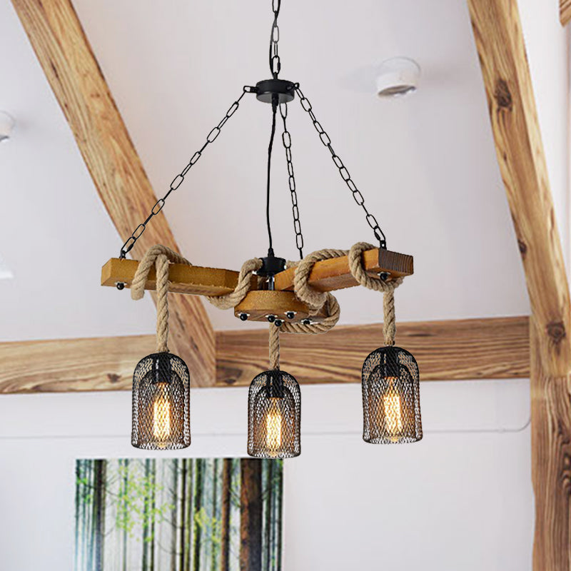 Accesorio de techo de restaurante de malla de alambre de madera y cuerda de 3/6 luces Logia con iluminación colgante elegante con base en marrón