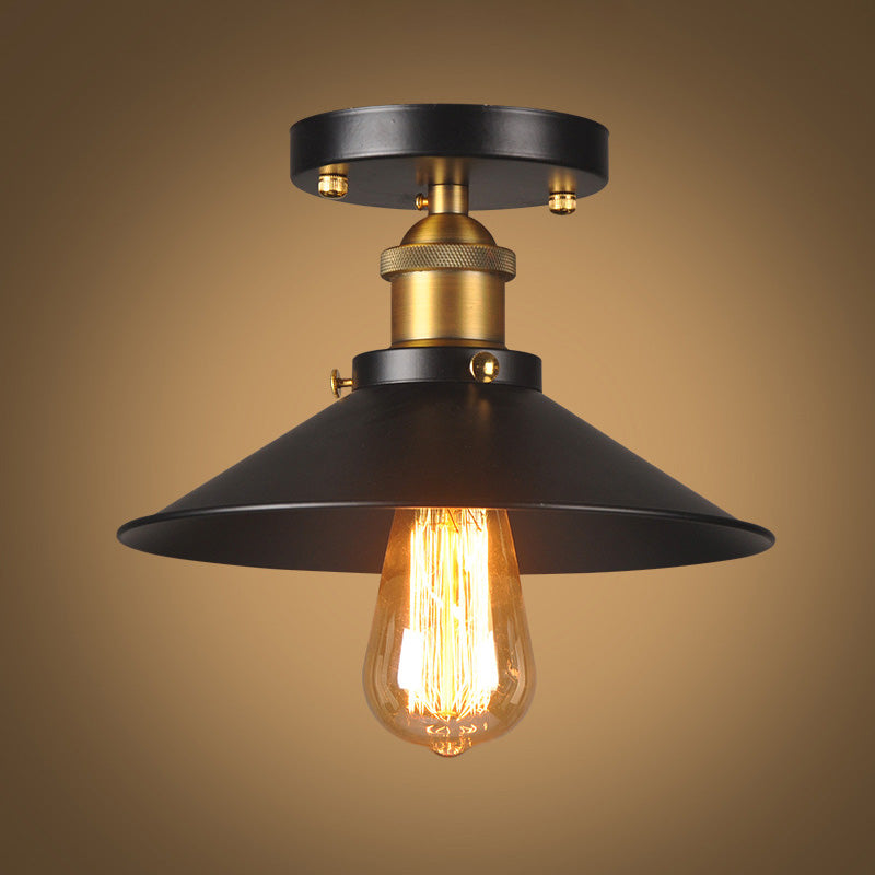 Black Cone Shade Single Bulb Ceiling Lamp Industrial Style Retro Mini Flush Mount Lamp