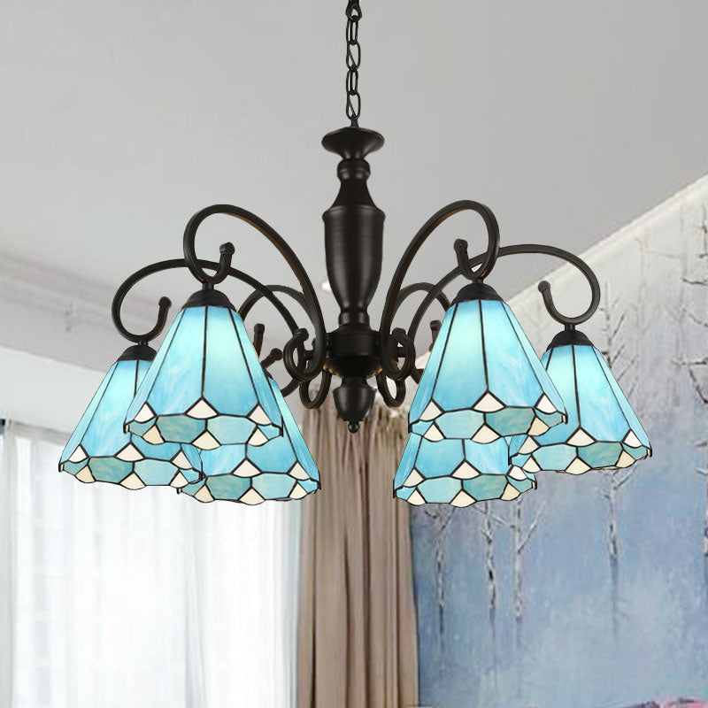 6 Lights Conical/Domed Chandelier Pendant Light Baroque White/Sky Blue/Dark Blue Glass Suspension Lighting for Bedroom