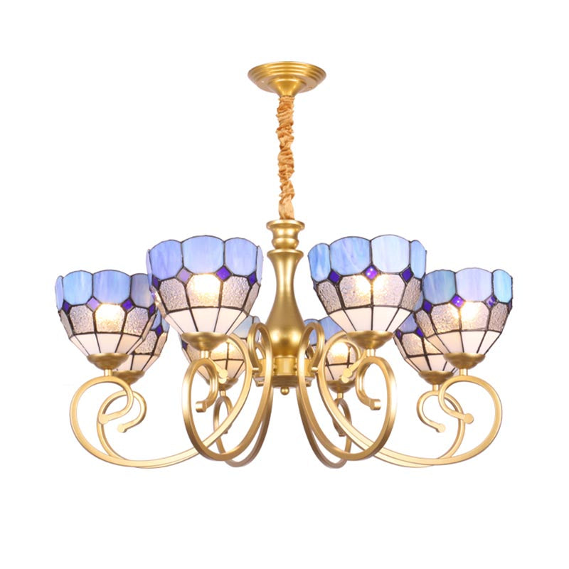 Bowl Chandelier Lighting Baroque Stained Art Glass 8 Lights Gold Down Lighting Pendant