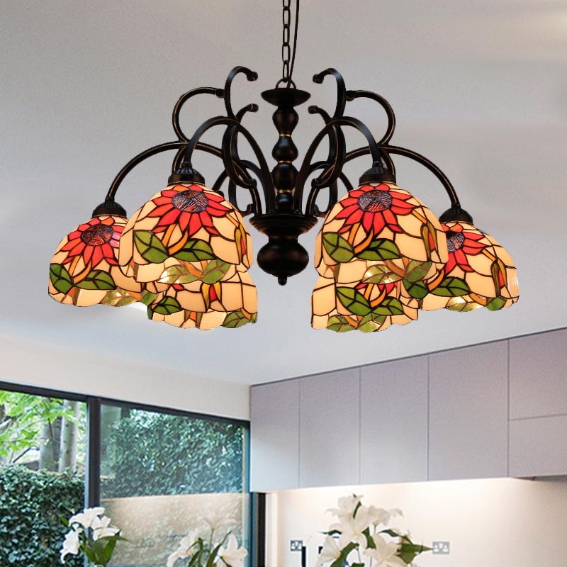 Coupure en verre floral pendentif léger victorien 6 têtes lampe suspendue au plafond noir pour salon