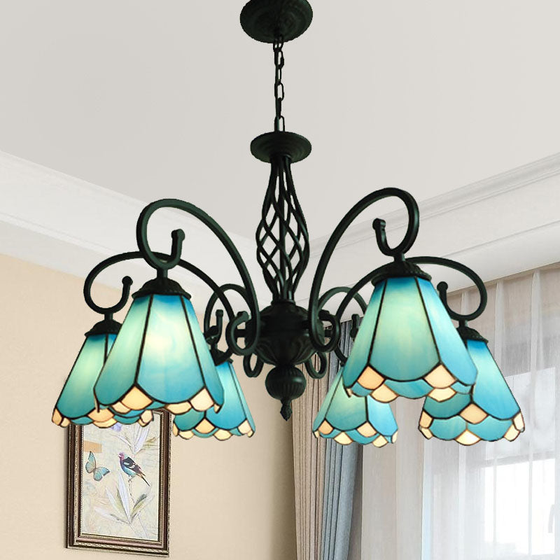 Black Cone Chandelier Lamp Baroque 5/6/8 Lights White/Blue Glass Drop Pendant for Living Room