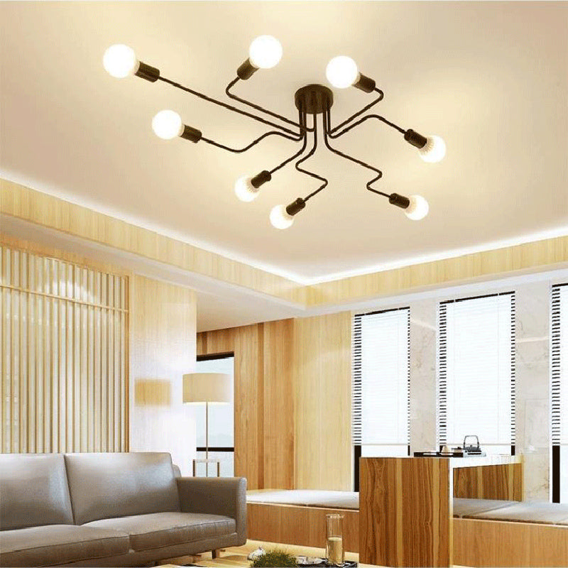 Industrial Vintage Radial Ceiling Fixture Wrought Iron Bare Bulb Semi Flush Mount for Living Room