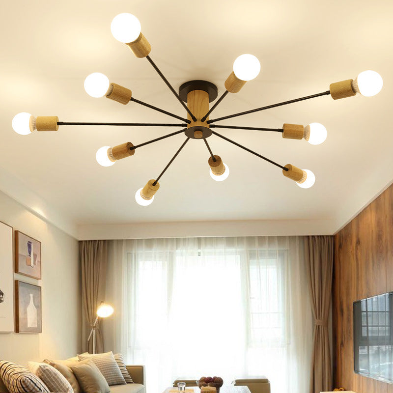 Wooden Radial Ceiling Fixture in Modern Creative Style Wrought Iron Semi Flush Mount for Living Room