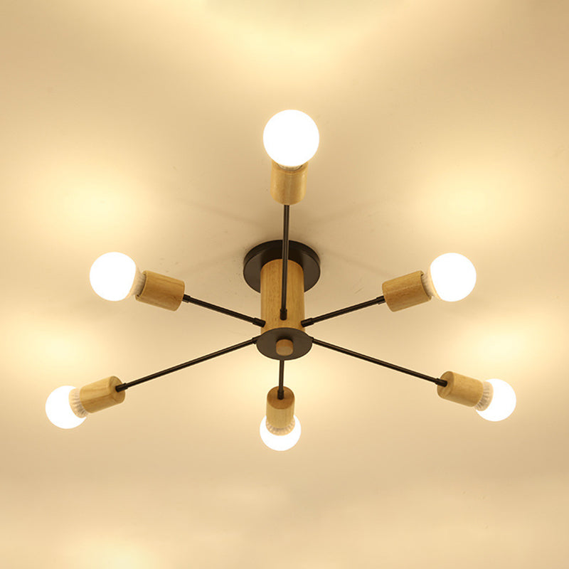 Wooden Radial Ceiling Fixture in Modern Creative Style Wrought Iron Semi Flush Mount for Living Room