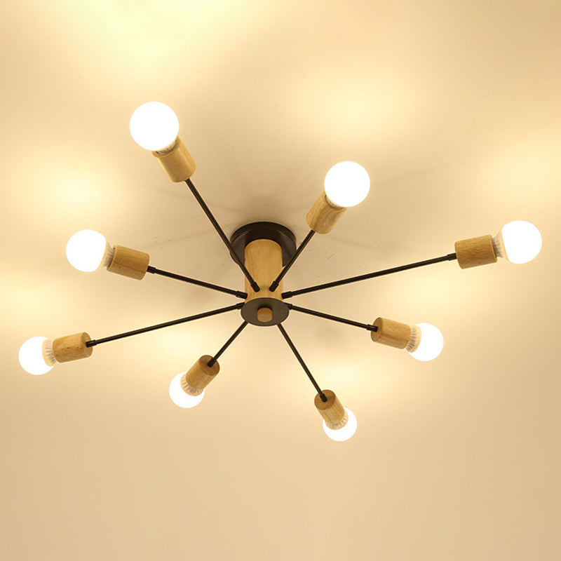 Wooden Radial Ceiling Fixture in Modern Creative Style Wrought Iron Semi Flush Mount for Living Room