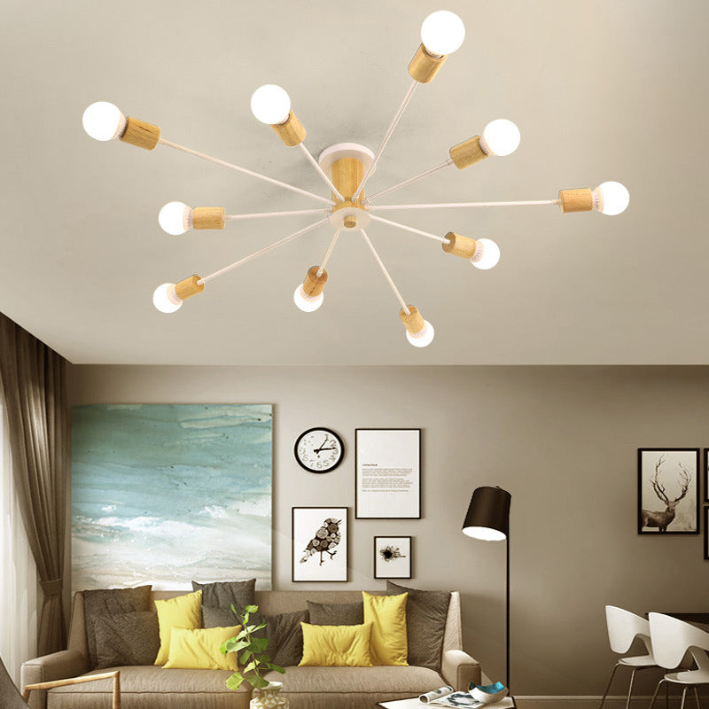 Wooden Radial Ceiling Fixture in Modern Creative Style Wrought Iron Semi Flush Mount for Living Room