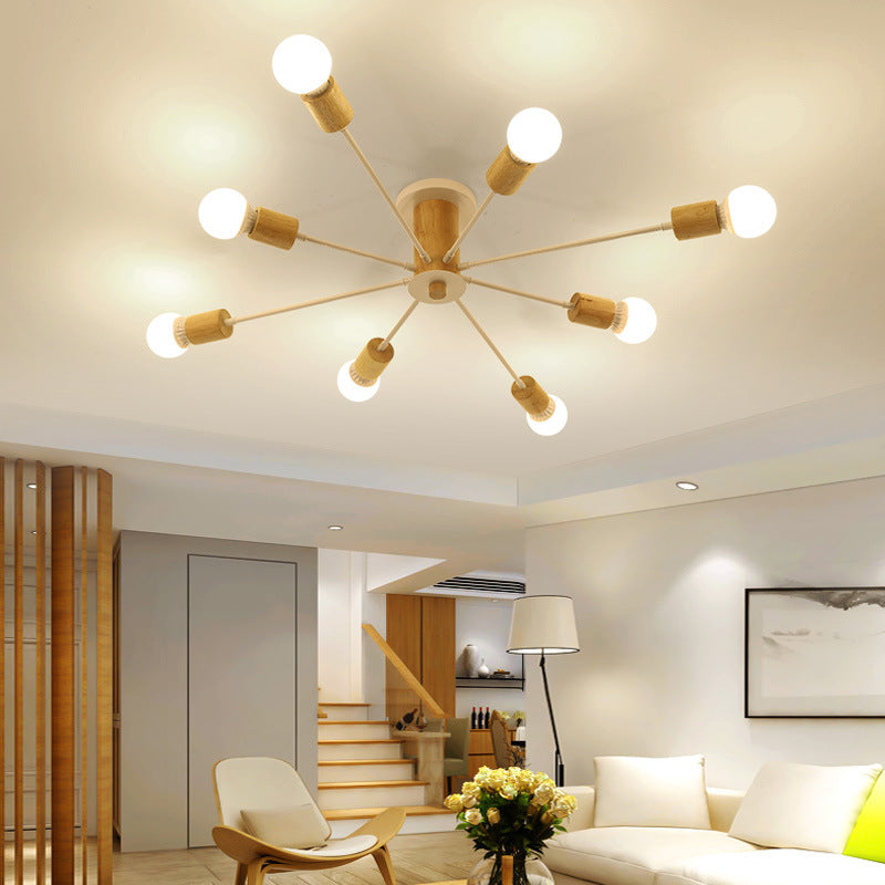 Wooden Radial Ceiling Fixture in Modern Creative Style Wrought Iron Semi Flush Mount for Living Room