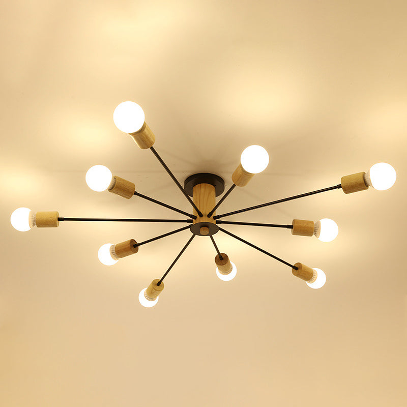 Wooden Radial Ceiling Fixture in Modern Creative Style Wrought Iron Semi Flush Mount for Living Room