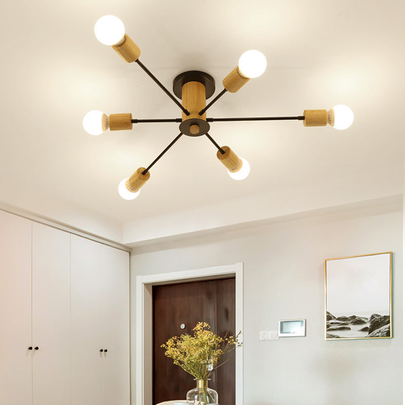 Wooden Radial Ceiling Fixture in Modern Creative Style Wrought Iron Semi Flush Mount for Living Room