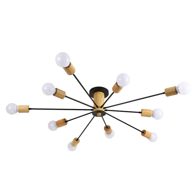 Wooden Radial Ceiling Fixture in Modern Creative Style Wrought Iron Semi Flush Mount for Living Room