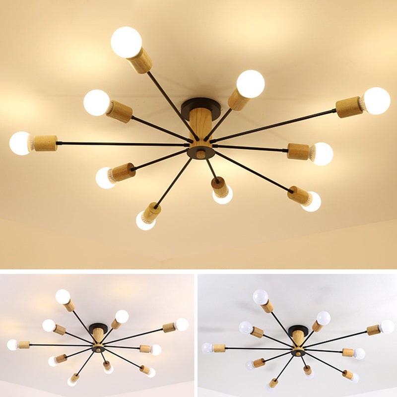 Wooden Radial Ceiling Fixture in Modern Creative Style Wrought Iron Semi Flush Mount for Living Room