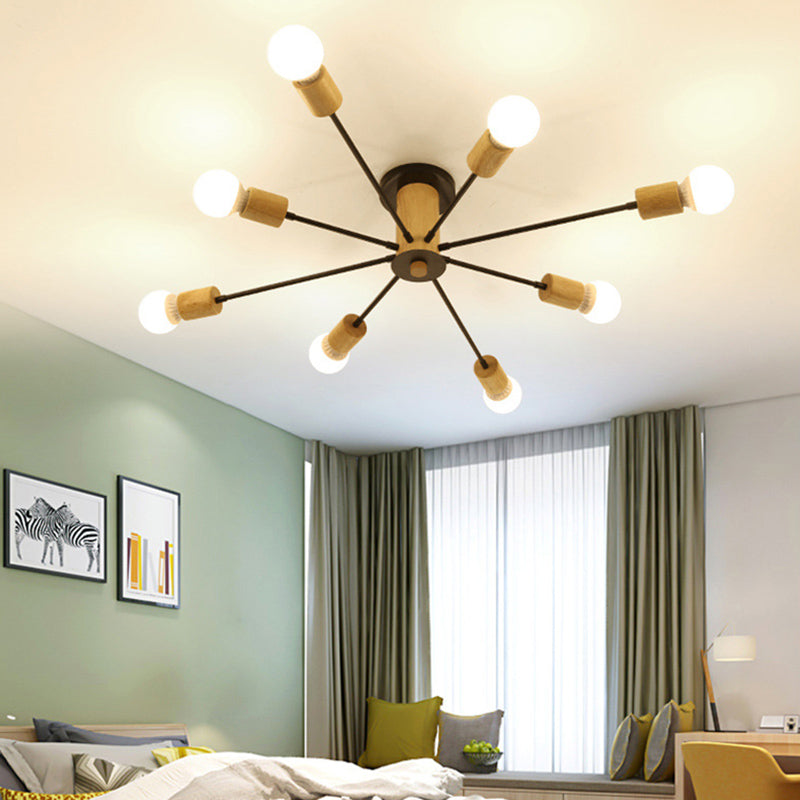 Wooden Radial Ceiling Fixture in Modern Creative Style Wrought Iron Semi Flush Mount for Living Room