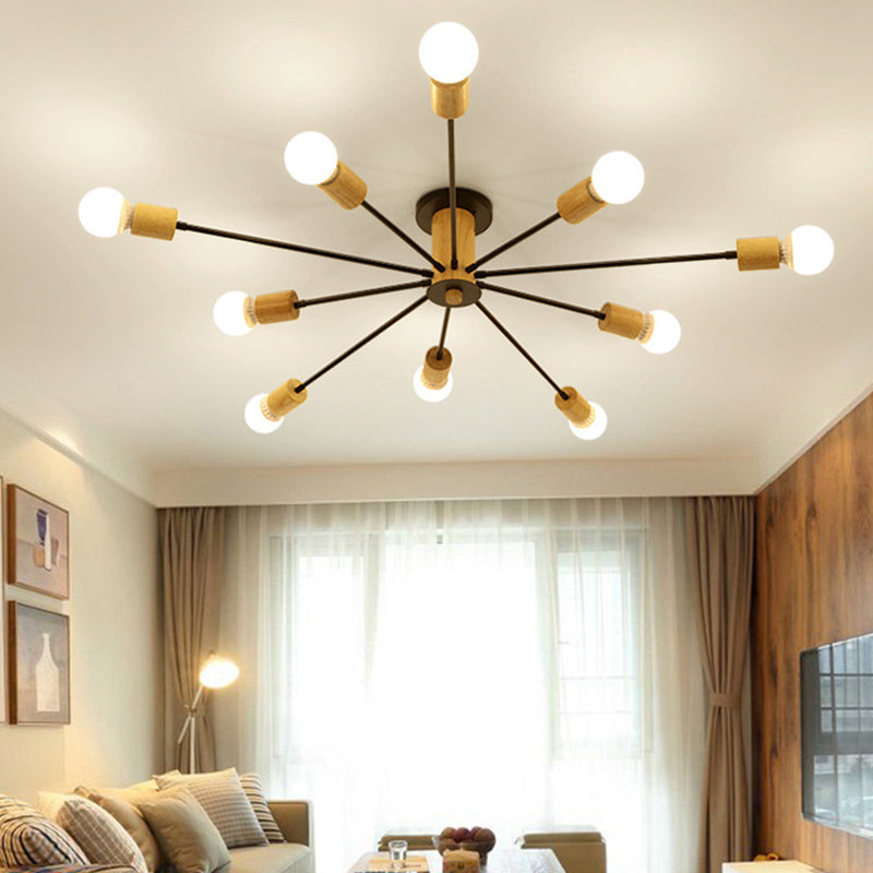 Wooden Radial Ceiling Fixture in Modern Creative Style Wrought Iron Semi Flush Mount for Living Room