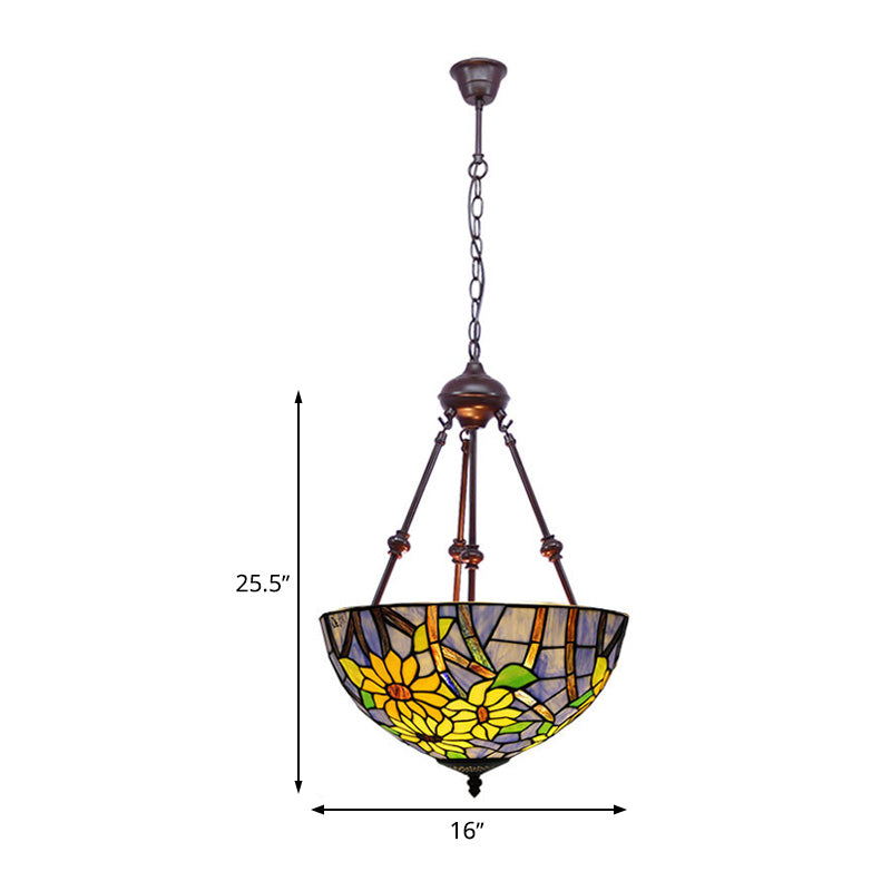 2 lumières Cuisine plafond lustre méditerranéen rouge / jaune / orange avec nuance de vitrail de fleur