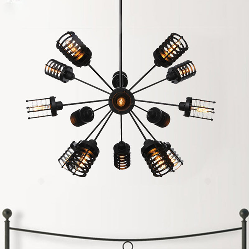 Starburst Bedroom Chandelier Light Metal 9/12/15 Heads Vintage Hanging Lighting with Cylinder Frame Shade in Black