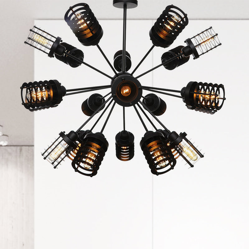 Starburst Bedroom Chandelier Light Metal 9/12/15 Heads Vintage Hanging Lighting with Cylinder Frame Shade in Black