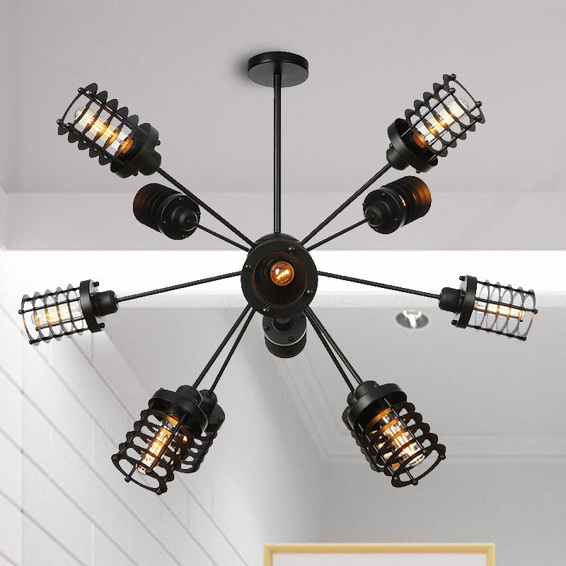 Starburst Bedroom Chandelier Light Metal 9/12/15 Heads Vintage Hanging Lighting with Cylinder Frame Shade in Black