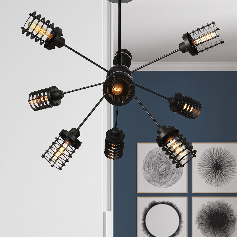 Starburst Bedroom Chandelier Light Metal 9/12/15 Heads Vintage Hanging Lighting with Cylinder Frame Shade in Black