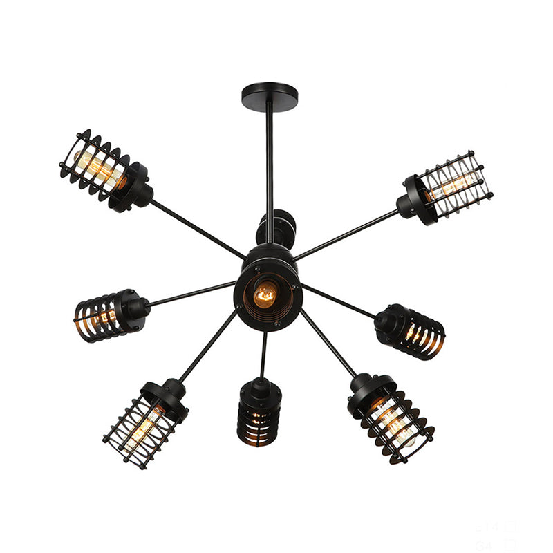 Starburst Bedroom Chandelier Light Metal 9/12/15 Heads Vintage Hanging Lighting with Cylinder Frame Shade in Black