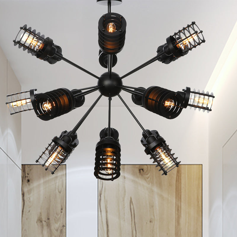 Starburst Bedroom Chandelier Light Metal 9/12/15 Heads Vintage Hanging Lighting with Cylinder Frame Shade in Black